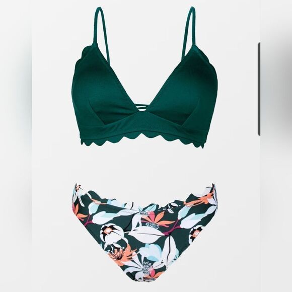 Cupshe Green Scalloped Edge V-Neck Printed Bottom Bikini size XL - Picture 1 of 8